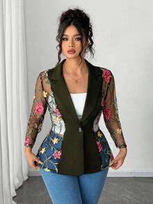 Elenzga 大码女式时尚网眼拼布花卉刺绣单排扣西装外套 - 軍綠色 - 查看 4