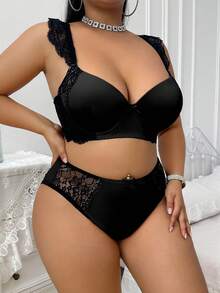 SHEIN Set de 2 sujetadores con aros y encaje en tallas grandes - Negro - Ver 4