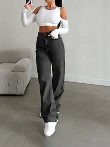 SHEIN Cottnline Snow Wash Straight Leg Jeans High Rise ,Petite Women - Dark Grey - View 7