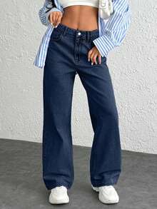 EURMUSE High Waist Snow Wash Wide Leg Women Jeans - Dark Wash - View 1