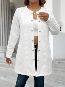 Calvaya Plus Size Women Casual Textured Fabric Solid Color Button Decor Jacket Fall Winter Cloth For Women Autumn - White - View 3