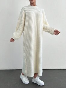 EURMUSE Robe pull ample à col rond et épaules dégagées unicolore pour femme, convient pour l'automne/hiver - Blanc - Voir 4