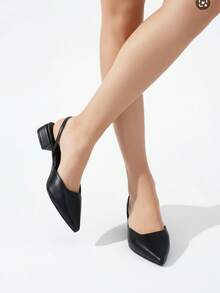 Sandalias de tacón bajo para mujer estilo sencillo moderno diseño de punta fina material PU acabado delicado ajuste ceñido punta redonda sin manga primavera verano oficina casual - Negro - Ver 3