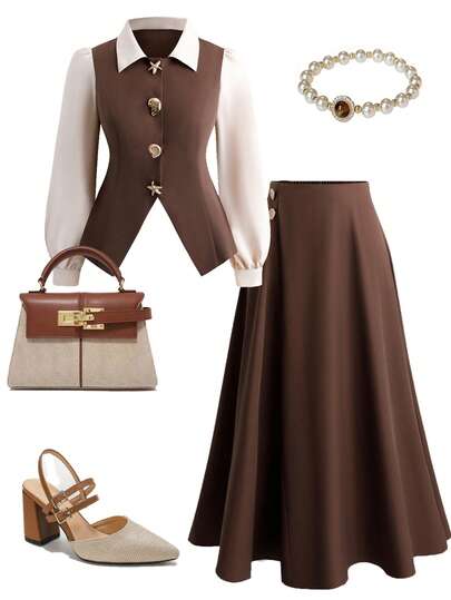 Rometta Plus Size Women 2-Piece Set: Elegant Commuter Long Sleeve 2 In 1 Top And A-Line Skirt Set With Decorative Large Buttons, Suitable For Spring, Summer, Autumn And Winter