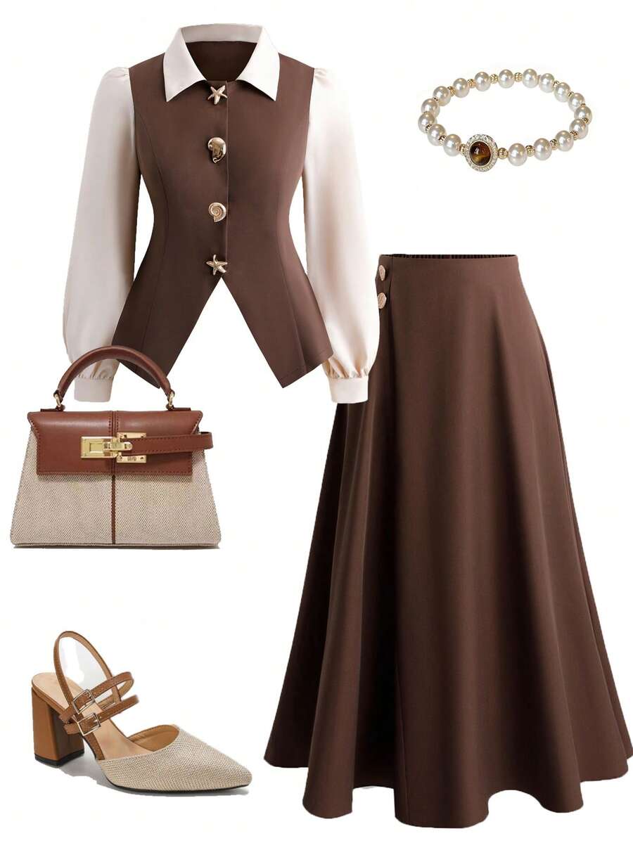 SHEIN Clasi Ensemble 2 pièces grande taille pour femmes : Top élégant de navettage à manches longues 2 en 1 et jupe trapèze assortie avec grands boutons décoratifs, convient pour le printemps, l'été, l'automne et l'hiver