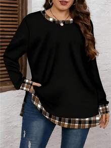 EMERY ROSE Plus Size Contrast Color Round Neck Plaid Drop Shoulder Long Sleeve Casual Versatile Women Sweatshirt Women Long Sleeve Tops Fall Tops Women Long Sleeve Black Top Black Top Women Blouses Long Sleeve Blouses/Winter