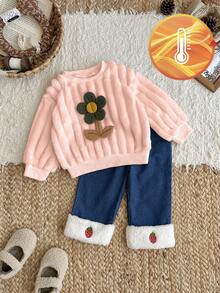 SHEIN 女婴休闲毛绒圆领长袖运动衫套装 - 粉色 - 查看 5