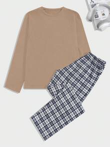 SHEIN Cottnline Bộ đồ ngủ quần kẻ sọc in logo nhỏ tay ngắn cho nam - Màu be - Xem 1