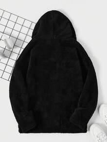 SHEIN Cottnline Men's Cartoon Smiling Face Embroidery Drawstring Hooded Fleece Sweatshirt, Autumn/Winter - Black - View 2