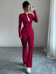 INAWLY Bộ 2 món áo crop top bó sát có khóa kéo và quần ống loe cho nữ - Màu Đỏ Sâu - Xem 5