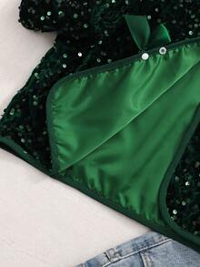 Tween Girl Sequin Patchwork Bow Decor Round Neck Long Sleeve Jacket - Dark Green - View 9