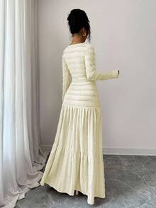 Selianne 女式粉色纹理面料休闲度假风格长袖方领纽扣上衣，带拼接设计和喇叭裙两件套，秋季 - 淡黃色 - 查看 2