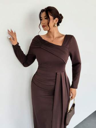Firerie Plus Size Women's Asymmetrical Hem Ruched Shoulder Casual Brown Waist Cinched Elegant Long Sleeve Dress, Autumn/Winter