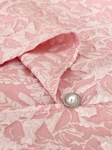 Elenzga Plus Size Women Elegant Jacquard Textured Round Neck Puff Sleeve Button Decor Fitted Front Slit Dress - Pink - View 7