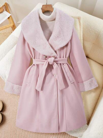 SHEIN Elegant & Refined Tween Girls' Overcoat, Patchwork Fluffy Belted Slim Long Commuting Outdoor Fashionable Luxurious Jacquard Fluffy High-End Stylish Overcoat