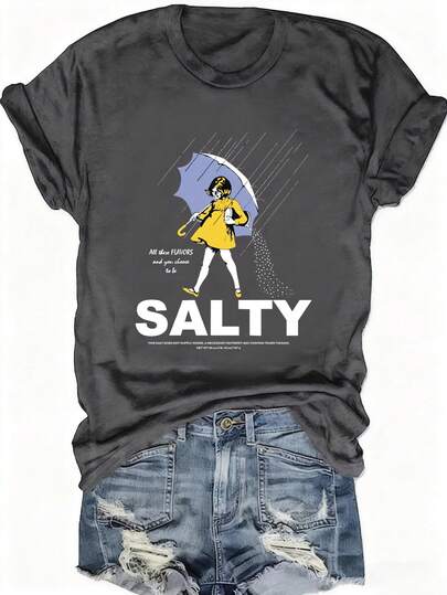 EMERY ROSE Salty With Umbrella Graphic Tee - Vintage Style Summer Beachwear For Women, Perfect For Vacation And Everyday Wear, Ed T-Shirt