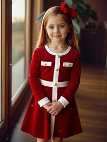 SHEIN Kleine Mädchen Kleid - eine Kombination aus retro, süß, modisch und elegant. Ein glänzendes paillettenverziertes Samtkleid mit kontrastierenden Farbflächen und langen Ärmeln, mit funkelnden herzförmigen Pailletten. Ein lässiges, simples und elegantes Kleid, geeignet für die Hochzeitssaison, damenhaft für Jungen, Herbst- und Winterstil, geeignet für Weihnachten, Partys, den Alltag, Geburtstagskleider, Prinzessinnenoutfits, Schwester-Schwester-Matching-Styles. - Rot - Übersicht 7