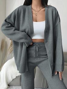 EURMUSE Women's Solid Button Front Cardigan And Wide Leg Knit Pants Set - Dark Grey - View 4