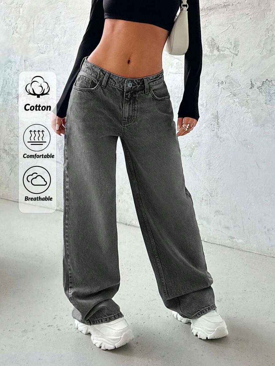 EURMUSE Women's Solid Color Low Rise Loose Fit Y2K Style Jeans - Grey - View 1