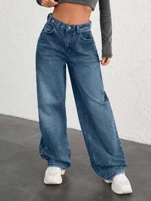 SHEIN Cottnline JEAN DE PIERNA ANCHA CON BOTONES DE CINTURA ALTA 100% ALGODÓN - Azul lavado oscuro - Ver 5