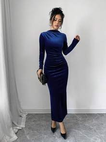 Elenzga Women Elegant Velvet Asymmetric Ruffle Split Hem Dress Burgundy Maxi Women Outfit - Navy Blue - View 5