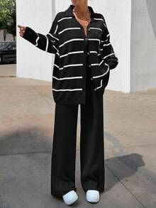 EURMUSE Women Striped Sweater Cardigan And Pant Set - Black - View 4
