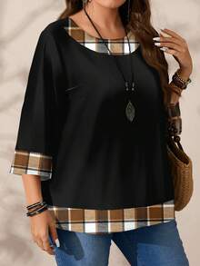 SHEIN CURVE+ 大码女装秋冬浪漫休闲全格纹撞色印花圆领宽松七分袖衬衫，黑色/2026/新年 - 黑色 - 查看 5