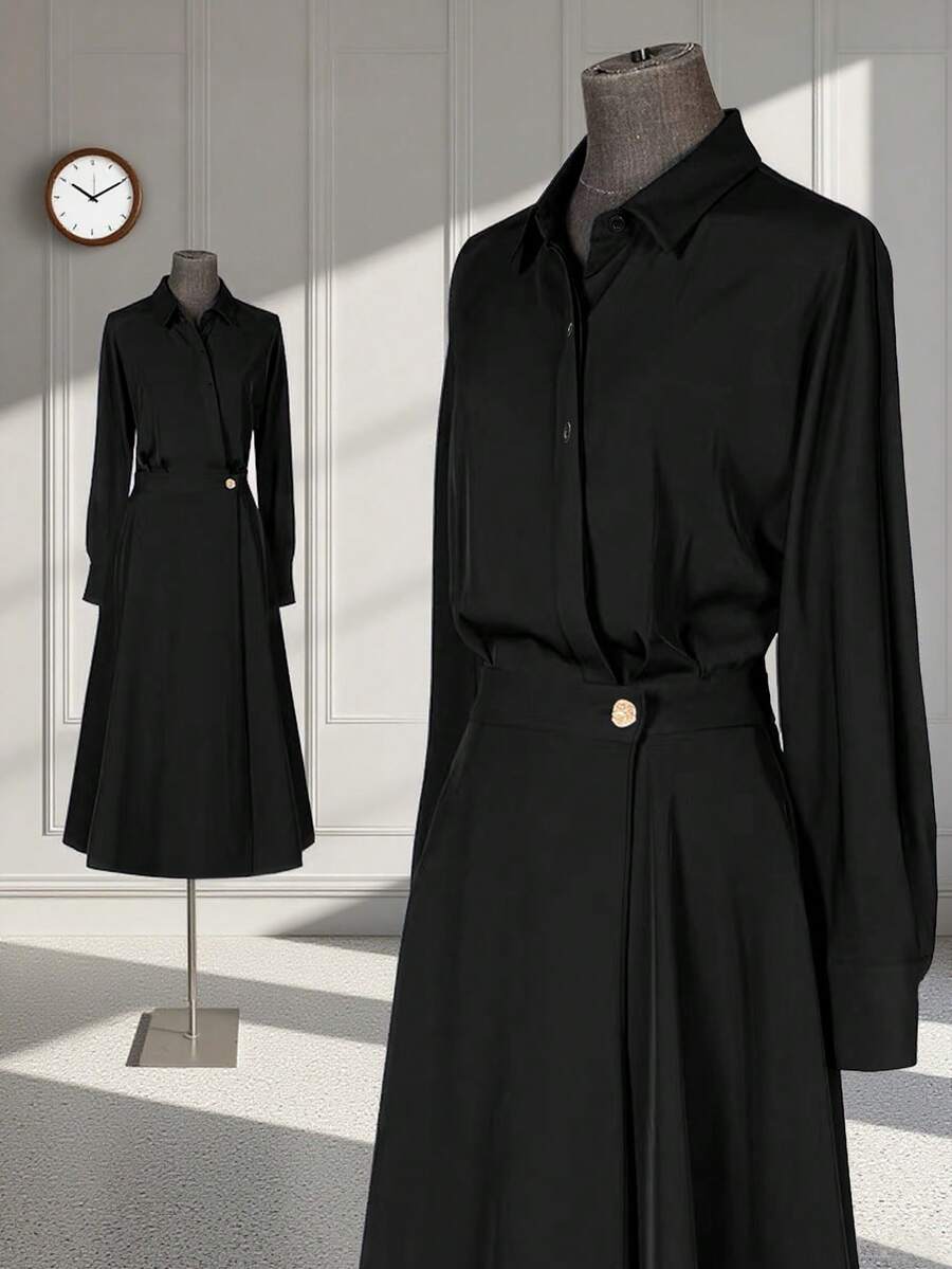 Franclia 海军蓝色长袖中长连衣裙，时尚法式束腰，适合秋季女性 - 黑色 - 查看 1