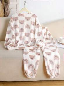 SHEIN 2 件套 Tween Girls 可爱熊图案柔软舒适羊毛圆领长袖上衣和裤子睡衣套装，秋冬 - 杏色 - 查看 4