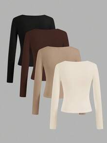 SHEIN Essnce 4件套女士休闲简约方领T恤，纯色，适合秋冬季，分层，户外，汗衫 - 彩色 - 查看 2