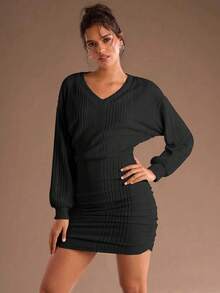 Chiquease 女式秋季简约纯色罗纹V领紧身连衣裙 - 黑色 - 查看 4