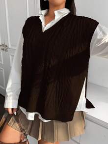 Vibekara Áo khoác cardigan dài tay buộc phía trước thường ngày cỡ lớn cho nữ - Cà phê nâu - Xem 1