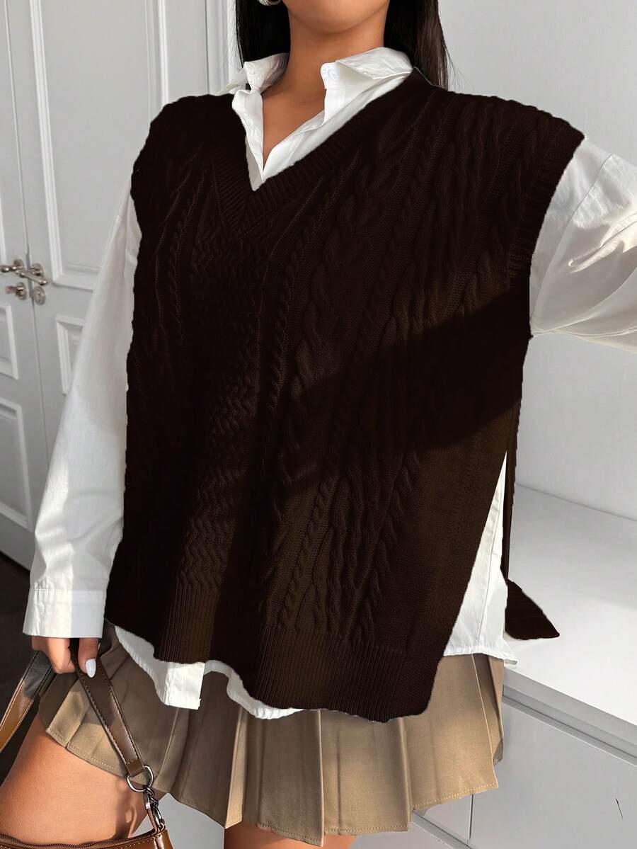 Vibekara Áo khoác cardigan dài tay buộc phía trước thường ngày cỡ lớn cho nữ - Cà phê nâu - Xem 1