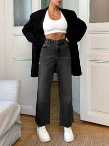 EURMUSE 100% Cotton Mid Waist Frayed Hem Wide Leg Jean - Dark Grey - View 6