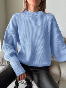 EURMUSE Women's Solid Color Crew Neck Casual Pullover Sweater,Jumper,Cream Jumper,Jumpers,Black Jumper,Womens Jumper,White Jumper,Women's Jumper,Women's Jumpers,Winter Clothes - Blue - View 4