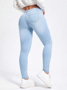 SHEIN CURVE+ Quần jeans skinny nữ cỡ lớn, có túi, kiểu dáng wash, đa năng cho mặc hàng ngày. - Rửa nhẹ - Xem 1