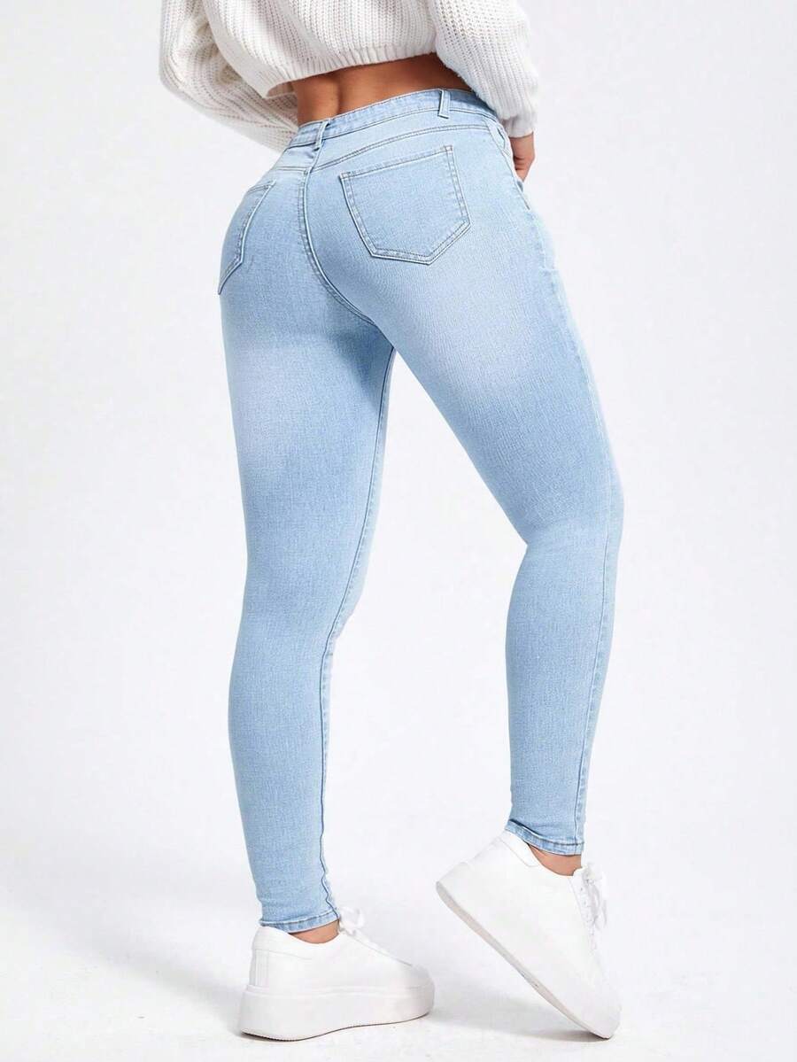 SHEIN CURVE+ Quần jeans skinny nữ cỡ lớn, có túi, kiểu dáng wash, đa năng cho mặc hàng ngày. - Rửa nhẹ - Xem 1