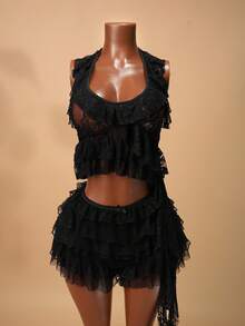 SHEIN BamGlam Blusa con encaje transparente y volantes con diseño de medusa - Negro - Ver 4