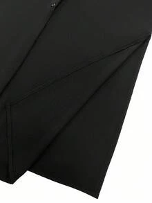 Franclia 休闲黑色纽扣领口袋长款半袖衬衫裙，优雅长款女装 - 黑色 - 查看 7