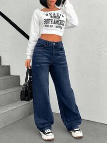 SHEIN Cottnline Low Waist Back Jacron Detailed Wideleg Jean - Dark Wash - View 5