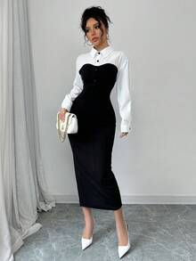 SHEIN PETITE Black & White Patchwork Contrast Color Long Sleeve Fitted Midi Shirt Dress, Slimming & Bodycon Maxi Women Outfit