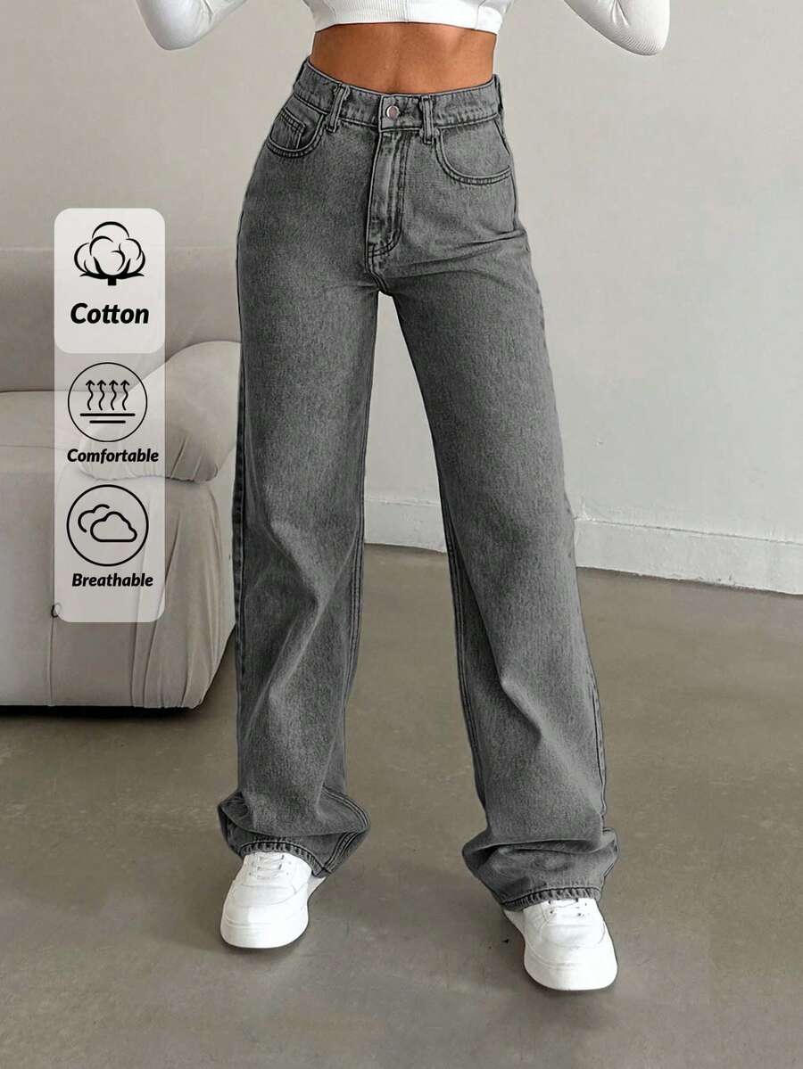 SHEIN Cottnline Snow Wash Straight Leg Jeans High Rise ,Petite Women - Grey - View 1