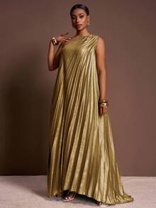 Veslaya 春夏秋季新款优雅派对、约会、毕业季、生日派对、连衣裙、聚会、婚礼季、宴会、性感、宽松无袖单肩、单侧高开衩、亮面面料、全身褶裥、大码长裙 - A - 金色 - 查看 4