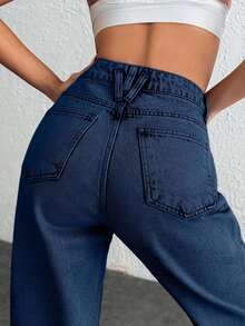 EURMUSE Damen Jeans mit hoher Taille und weitem Bein in Snow Wash - Königsblau - Übersicht 2