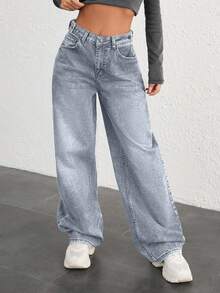 EURMUSE 100% COTTON HIGH WAIST BUTTON DETAILED WIDE LEG JEAN - Baby Blue - View 5