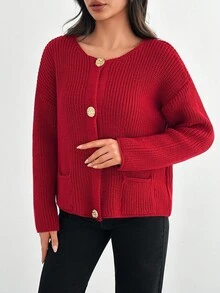 SHEIN Tall Button Detailed Loose Fit Tall Cardigan,Cardigans For Women,Long Cardigans Woman,Petite Cardigans,Cardigans - Red - View 3