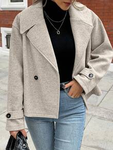 SHEIN PETITE CURVE Plus Size Women's Front Button Long Sleeve Casual Jacket, Everyday Wear Fall Winter Cloth For Women - Light Grey - View 3