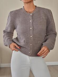EURMUSE Women Soft Touch Gold Button Front Detailed Knit Cardigan Textured Knit Cardigan With Pearl Buttons, Elegant Round Neck Sweater For Chic Fall Winter Outfits - Chocolate Brown - View 4