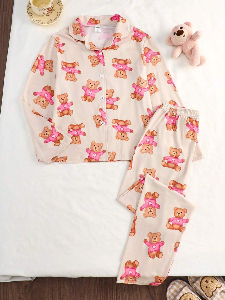 2pcs Girls Casual Khaki Cartoon Bear Print Long Sleeve Top And Pants Comfortable Loungewear Set, Spring/Autumn Fall Winter - Apricot - View 1