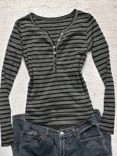 Noixe Women's Casual Button Half-Placket Striped Long Sleeve T-Shirt